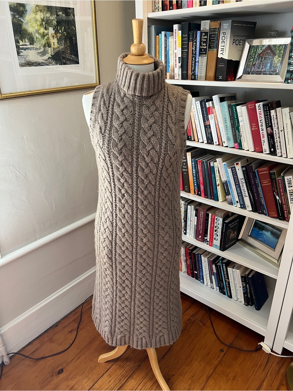 Barneys New York Sleeveless Cable Turtleneck Dress in Taupe